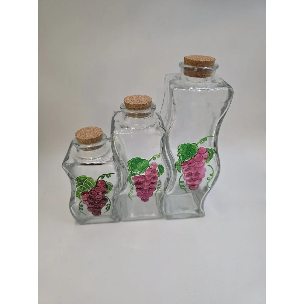 VTG Set 3 Clear‎ Glass Grape Painted Canisters Cork Lids Kitchen Farmhouse Decor
